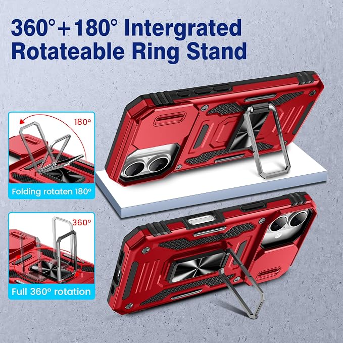 VEGO for iPhone 16 Case with with Privacy Screen Protector and Kickstand | Slide Camera Cover & Ring Kickstand Military Grade Heavy Duty Protection Cover for iPhone 16 5G 6.1 Inch - Red - Image 4