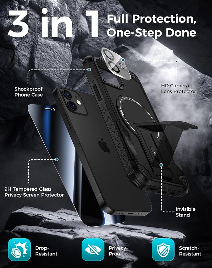 Goton 3 in 1 for iPhone 12 Case with Privacy Screen Protector Black | Glass Camera Lens Protector,Compatible for MagSafe,Invisible Kickstand, Shockproof Phone Cover for iPhone12 - Image 3