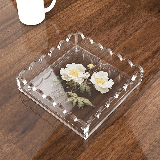 LUGUNU Scalloped Acrylic Tray with Magnetic Mat – Customizable for Photos, Artwork, or Messages, 7.9x7.9in, Non-Slip Base, Thick Transparent Acrylic Tray for Home Decor, Office, Gift for Women - Image 5