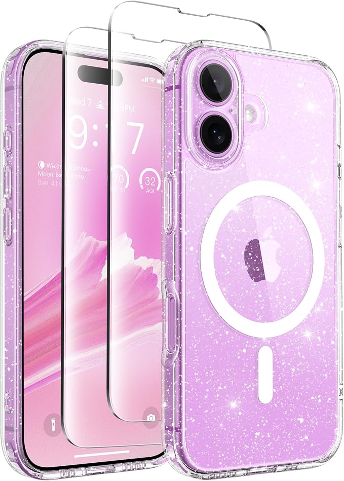 CAPRARO for iPhone 16 Case, Compatible with MagSafe Clear Glitter | Upgraded [Full Camera Protection] Protective Translucent Matte Women Girl Magnetic Phone Case Cover, Clear Glitter by CAPRARO