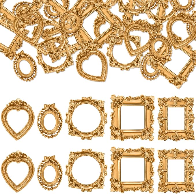 Vicenpal 40 Pcs Gold Mini Vintage Picture Frames Bulk | Small Vintage Photo Frames, Antique, Resin, Baroque, Ornate, Cute Wallet Size, for DIY Jewelry Gifts Christmas Wedding Decor by Vicenpal