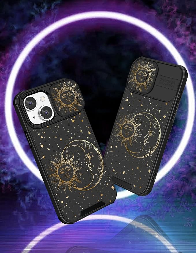 (2in1 for iPhone 13 Case Sun Moon Stars for Women Cute Phone Cover Fashion Golden Star Print Pattern Design with Slide Camera Cover Protective Case for iPhone13 6.1'' - Image 4