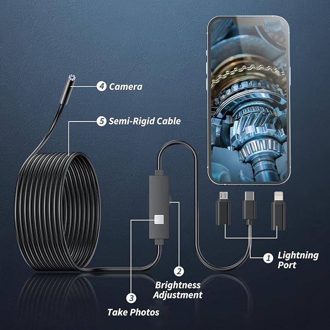 Endoscope Camera with Light,1920P HD Borescope Tools with 8 Adjustable LED Lights, Endoscope with Semi-Rigid Snake Camera, Inspection Borescope for iOS and Android-16.4ft Single Lens - Image 2
