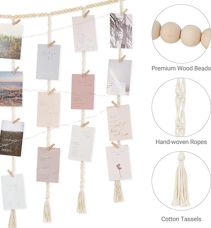 Mkono Hanging Photo Display, Boho Macrame Wall Decor with Lights, Ivory | 45 Clips, String Lights, Teen Girl Stuff Gifts, Wooden Beads Banner, Pictures Postcards Holder, Bedroom Living Room Dorm - Image 5