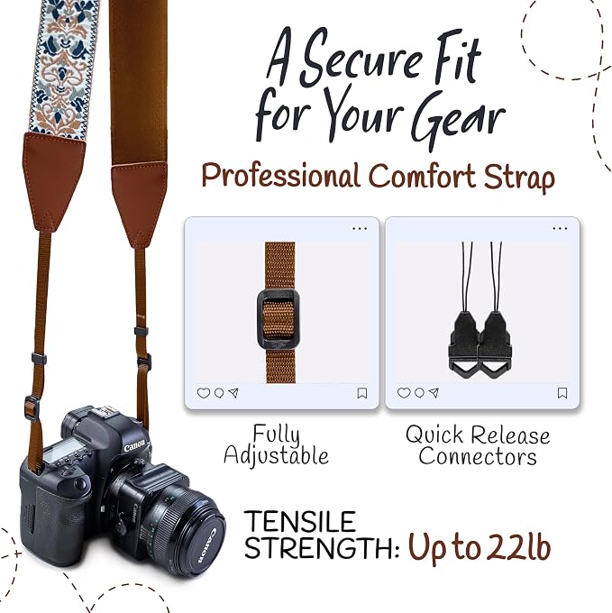 Art Tribute Camera Strap - Shoulder, Crossbody & Neck Camera Strap for Photographers, Fits All Cameras, Canon Nikon Sony Fujifilm, Padded Strap W/Quick Release, Embroidered Cotton & Leather Ends - Image 4