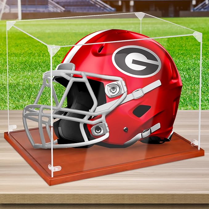 Clear Acrylic Helmet Display Case with Wood Base & Tee, Memorabilia Stand Cube Holder, Dust Protection Transparent Storage Box for Single Helmet Souvenir Collections - Image 3