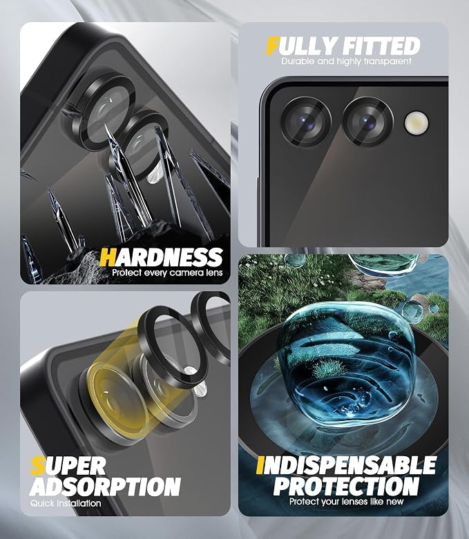 (2 Sets) Orzero Camera Lens Protector for Samsung Galaxy Z Flip 7/7 FE, [EZ Install] [Case-Friendly] 9H Tempered Glass Alloy Metal Ring Lens Cover, Military-Grade Shockproof, HD Clarity Anti-Glare (Black) - Image 3