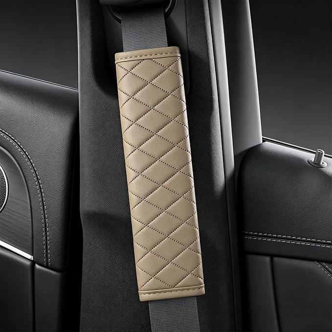 Beige PU Leather Seat Belt Covers - 2Pcs, Diamond Stitched Seat Belt Pads, Universal Fit for Car Truck SUV - Image 5