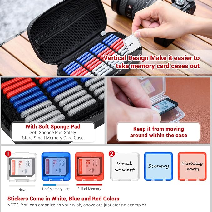 EVA PU SD Card Case with 40 PCS Individual Plastic Memory Card Holder for 40 SD SDXC SDHC Cards,Dual Protect Water-Resistant Anti-Shock SD Card Carrying Case Organizer with Handle & Labels - Image 3