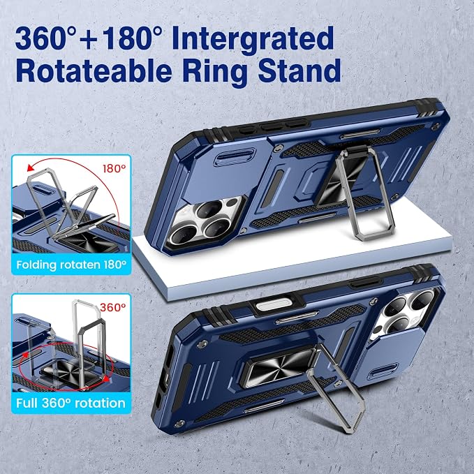 VEGO for iPhone 16 Pro Case with with Privacy Screen Protector and Stand | Slide Camera Cover & Ring Kickstand Military Grade Heavy Duty Protection Cover for iPhone 16 Pro 5G 6.3 Inch - Blue - Image 4