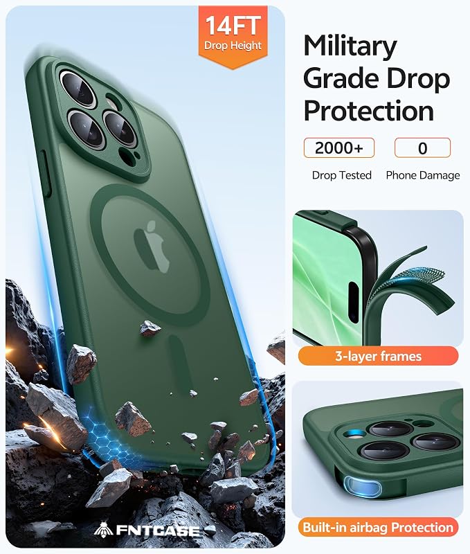 FNTCASE for iPhone 15 Pro Case, Fit for Magsafe, Screen Protector, Green | Full Camera Protection, Translucent Matte, 14FT Military Grade Drop Proof, Shockproof Protective Phone Cover - Image 5