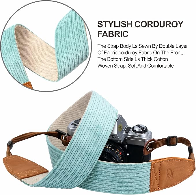 Padwa Lifestyle Corduroy Camera Strap - 2" Double Layer Full Grain Cowhide Leather Head Camera Straps for Photographers,Unique Soft Corduroy Fabric with Quick Release fits all Cameras - Fresh Green - Image 4