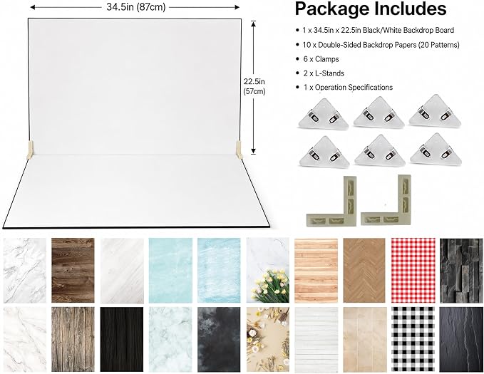 Product Photography Backdrops 22.5 x 34.5 in,XL Photo Backdrop Board Kit, 10 Pcs 20 Patterns Double-Sided Background Papers, Flat Lay Props for Food Jewelry Cosmetics Photos - Image 2