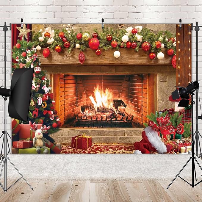 12x8ft Polyester Fabric Christmas Fireplace Backdrop Vintage Xmas Tree Sock Background Photography for Kids Portrait Party Decorations Photo Studio Booth Props Decor Supplies - Image 5
