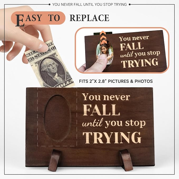 Desk Decor Dollar Bill Frame Office Accessories Photo Display Motivational Wood Sign Rustic Office Essentials for Resources Boss Coworker Friend Home Work Table (Never Fall) - Image 3