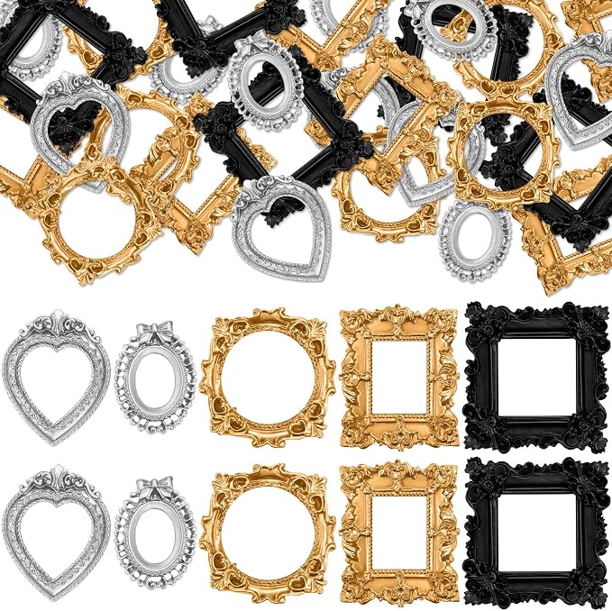 Vicenpal 40 Pcs Black, Gold, Silver Mini Vintage Picture Frames Bulk | Small Vintage Photo Frames, Antique, Resin, Baroque, Ornate, Cute Wallet Size, for DIY Jewelry Gifts Christmas Wedding Decor by Vicenpal