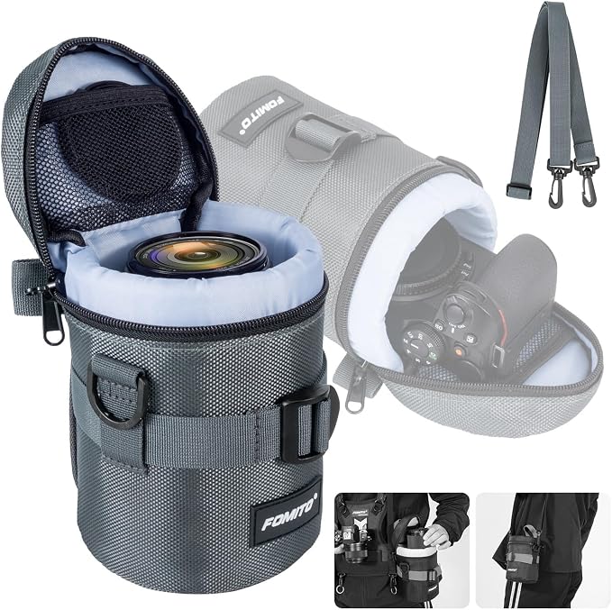 FOMITO M Size Water-Resistant Camera Lens Pouch Bag - Shockproof Protective Case with Mesh Pocket, Compatible with Canon EF-S 17-55mm, Nikon AF-S 18-200mm, Fujifilm XF 56mm & Lenses Under 3.94"x6.1" by FOMITO