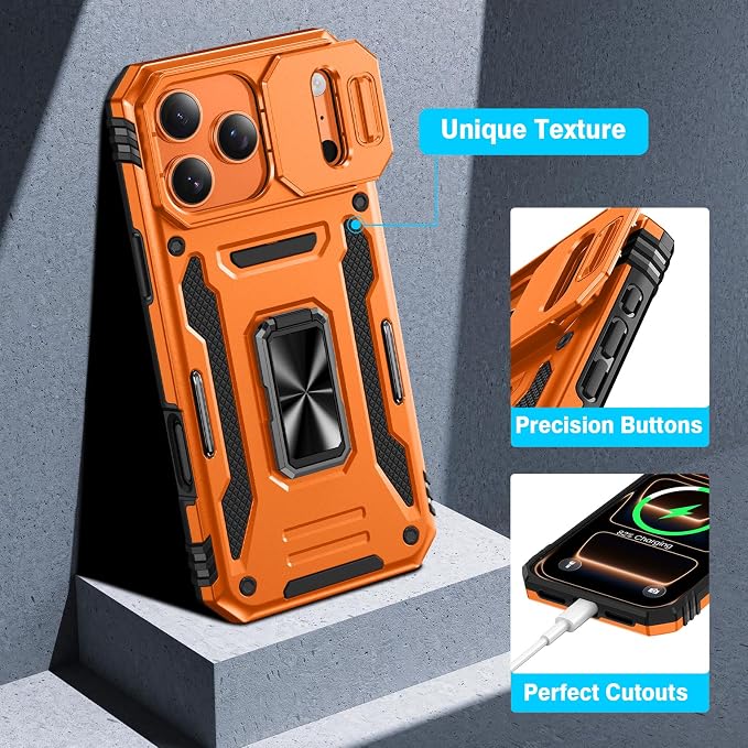 VEGO for iPhone 17 Pro Max Case with Slide Camera Cover and Kickstand | Privacy Tempered Glass Screen Protector & Ring Kickstand Military Grade Protection Cover for iPhone 17 ProMax - Orange - Image 7