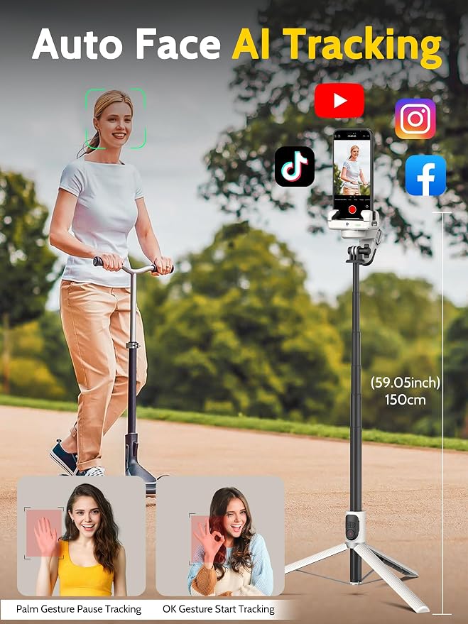 AOCHUAN Auto Face Tracking Tripod 360 Rotation w/Remote Control,Single-axis Phone Gimbal for iPhone Android w/RGB Light,Phone Tripod Follow You for Video Recording,TikTok Vlogging(M2Pro White) - Image 3