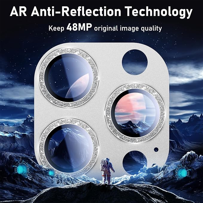 UniqueMe for iPhone 13 Pro/13 Pro Max Lens Protector Sliver (Bling Circle) | Strong Drop Protection, Not Easy to Fall-off, Metal Ring, Tempered Glass, Rear Camera Screen Cover - Image 3