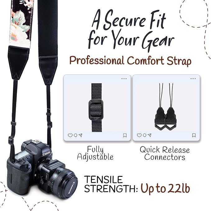 Art Tribute Camera Strap - Shoulder, Crossbody & Neck Camera Strap for Photographers, Fits All Cameras, Canon Nikon Sony Fujifilm, Padded Strap W/Quick Release, Embroidered Cotton & Leather Ends - Image 4