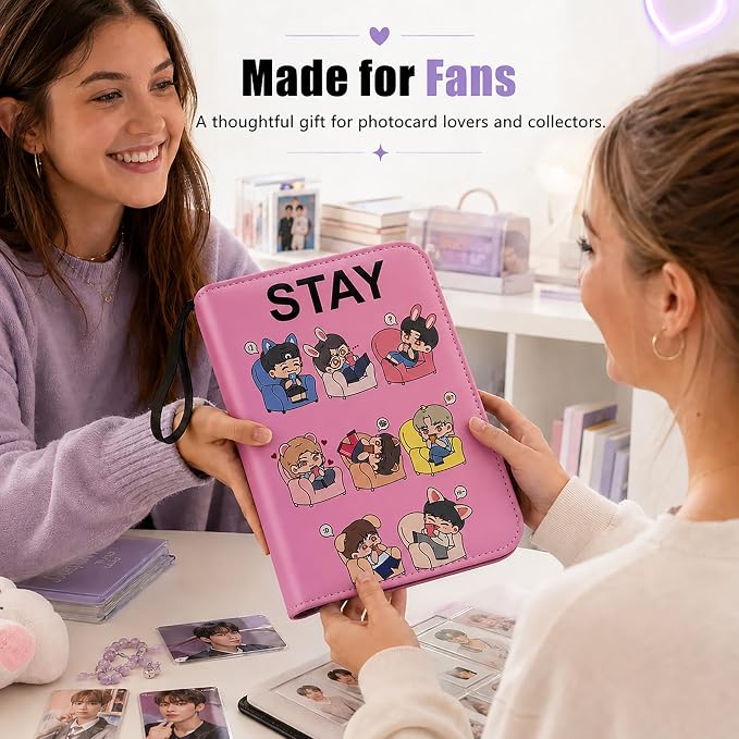 Cute Trading Photocard Binder, STAY Photo Album Cartoon Card Holder Book Storage 400 Cards with Sleeves for Lomo Cards Gift - Boys & Girls, idol Photo Protect (Pink, 4 Pockets) - Image 8