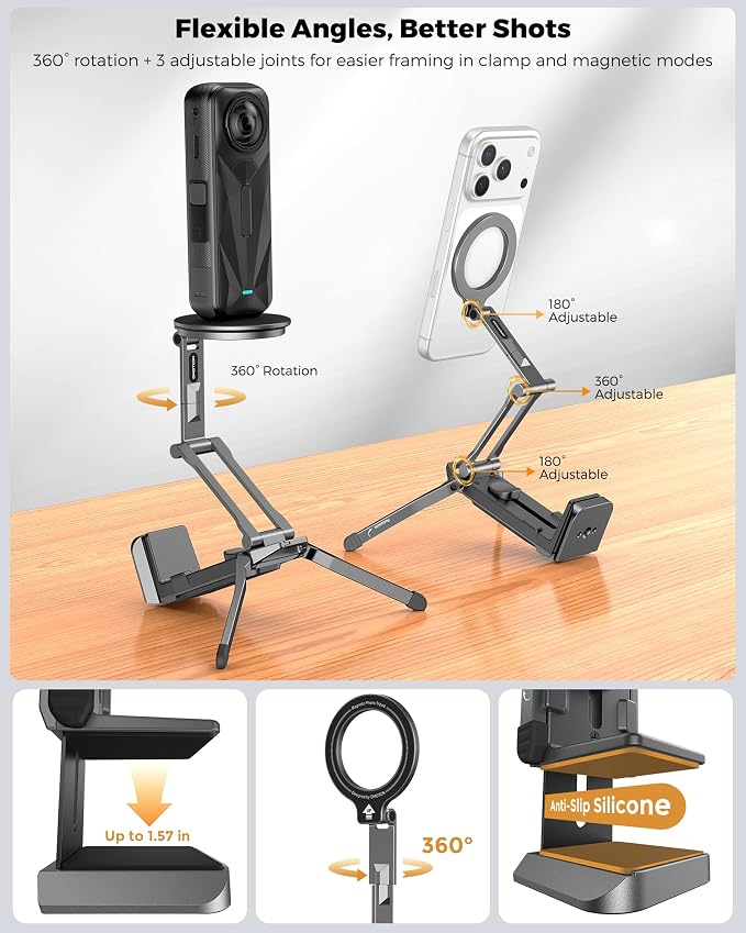 OMOTON TP02-Ultra Multi-Device Camera & Phone Mount with 1/4" Adapter, Grey | Built-In 1/4" & Arca Base, Clamp, Magnetic & Tripod Setups for iPhone, Pocket/Action Cameras, Overhead & Low-Angle Filming - Image 8