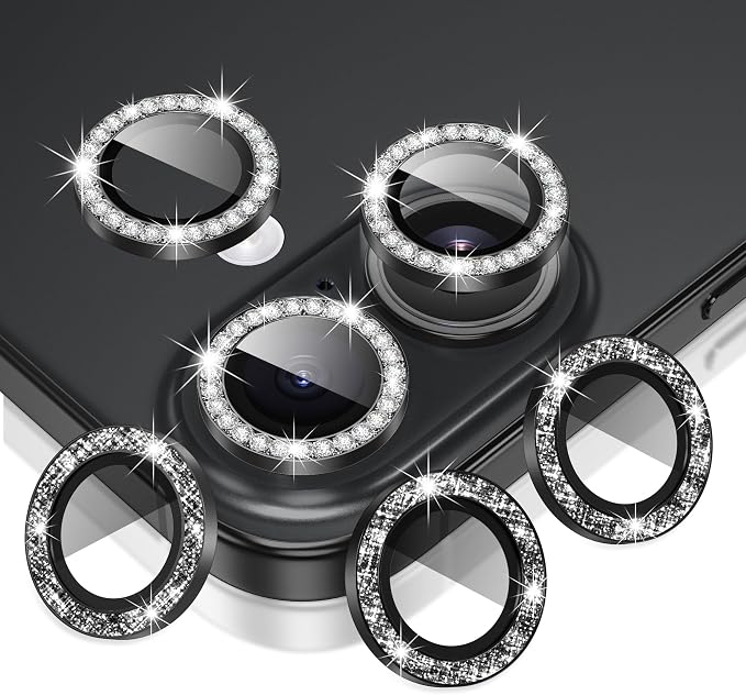 AGVEE 3+3 6 Pack for iPhone 16/16 Plus Camera Lens Protector Cover | Individual Bling Diamond & Bling Glitter Sparkle Cute Gem Metal Ring, 9H Tempered HD Glass by AGVEE