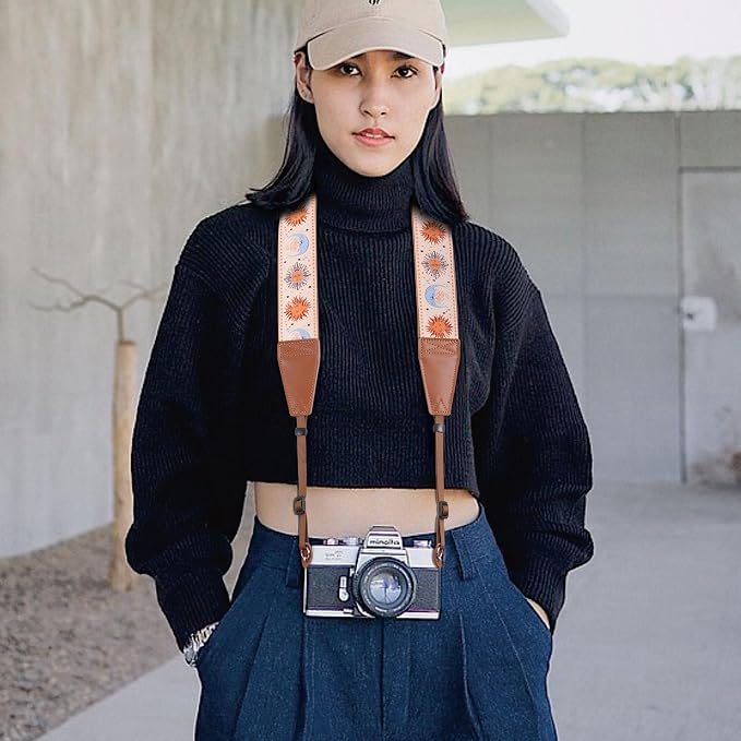 Padwa Lifestyle Tan Sun God Camera Strap - 2" Full Grain Leather Ends Camera Straps for Photographers, Vintage Embroidered Cotton Soft Suede Fabric Padded Strap Quick Release fits All Cameras - Image 5