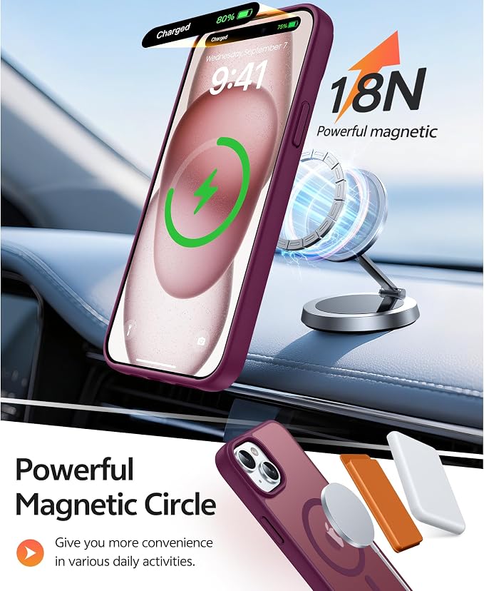 FNTCASE for iPhone 15/14/13 Case, Fit for Magsafe, Glass Screen Protector | Translucent Matte, Magnetic Phone Cases, 14FT Military Grade Drop Protection, Slim Shockproof Protective Cover, Wine Red - Image 3