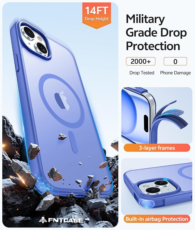 FNTCASE for iPhone 15/14/13 Case, Fit for Magsafe, Glass Screen Protector | Translucent Matte, Magnetic Phone Cases, 14FT Military Grade Drop Protection, Slim Shockproof Protective Cover, Ultramarine - Image 5