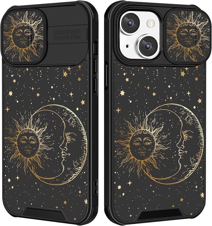 (2in1 for iPhone 14 Plus Case Sun and Moon Stars for Women Cute Space Phone Cover with Slide Camera Cover Protective Fashion Golden Print Design Cases for iPhone 14Plus 6.7 inch by Goocrux