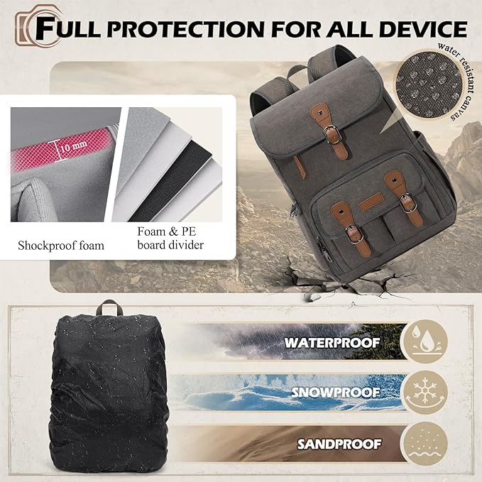 RAINSMORE Camera Backpack, DSLR SLR Mirrorless Camera Bag for Photographer | 15.6 Inch Vintage Canvas Camera Case with Laptop Compartment & Tripod Holder & Rain Cover for Sony Canon Nikon Fujifilm Grey - Image 6