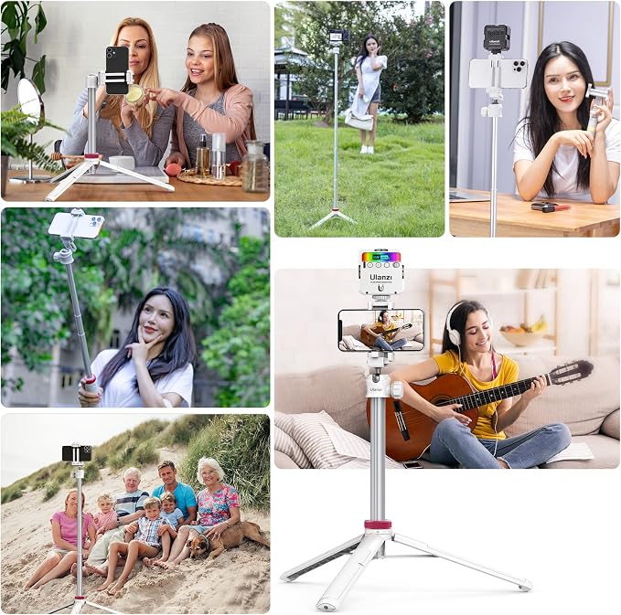 ULANZI MT-44 Extendable Phone Tripod, 59" Portable Selfie Stick Vlog White | 2-in-1 Phone Clip, Cold Shoe, Tripod Stand w 1/4" Screw, 360° Ball Head, Camera Tripod for DJI Pocket 4 Luna Sony Video Live - Image 7