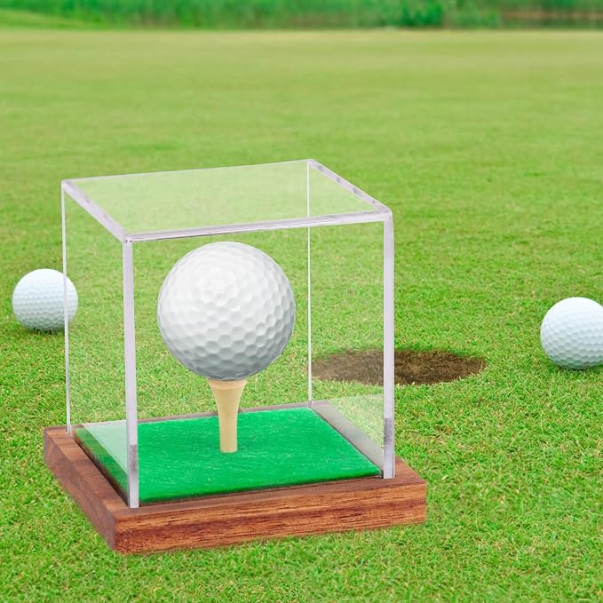 Clear Acrylic Golf Ball Display Case with Wood Base & Tee, Memorabilia Stand Cube Holder, Dust Protection Transparent Storage Box for Single Ball Souvenir Golfball Collections - Image 7