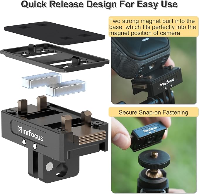 Magnetic Quick Release Mount for Insta360 Ace Pro/Ace Pro2/X5/X4 Air, Snap-On Magnetic Tripod Adapter with 1/4"-20 Threaded Hole, 2 Prong Mount Connector Base for Tripods, Selfie Sticks - Image 3
