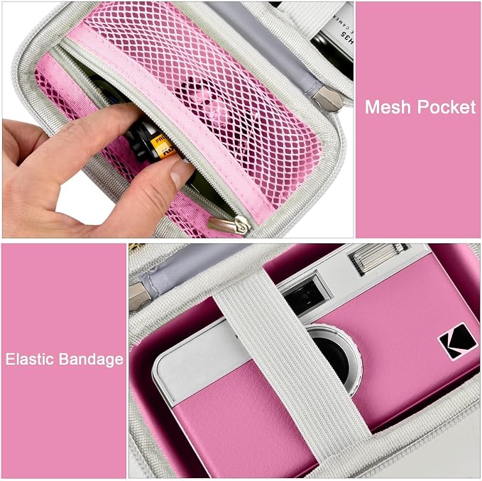 Film Camera Case for Kodak EKTAR H35 H35N Half Frame Film Camera | Camera and 35mm Film Rolls Storage, Mesh Pocket for Small Accessories, Travel and Home Organization; Large, Pink, Case Only - Image 3