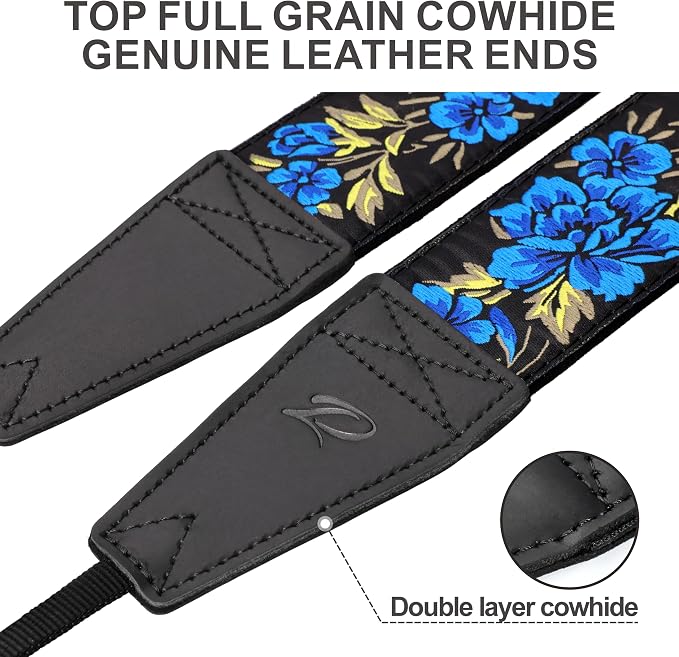 Padwa Lifestyle Blue Rose Camera Strap - 2" Full Grain Leather Ends Camera Straps for Photographers, Vintage Embroidered Cotton Soft Suede Fabric Padded Strap Quick Release fits All Cameras - Image 2