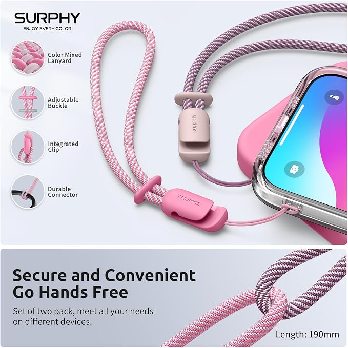 SURPHY 2 Pack Phone Lanyard, Phone Wrist Strap for Case, Camera Wrist Strap | Ultra-Light 2-Color Braided Phone Strap, Cellphone Charm Strap, Anti-Lost Wrist Lanyard for Women and Men, Pink Rose Pink - Image 4