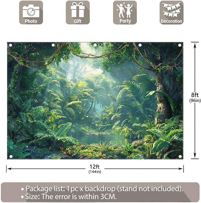 Fabric 12x8ft Jungle Forest Photography Backdrop Rainforest Banner | Tropical Natural Scenery River Background, Summer Adventure Party Decorations, Kids Adult Photo Props, Polyester, Grommets - Image 3