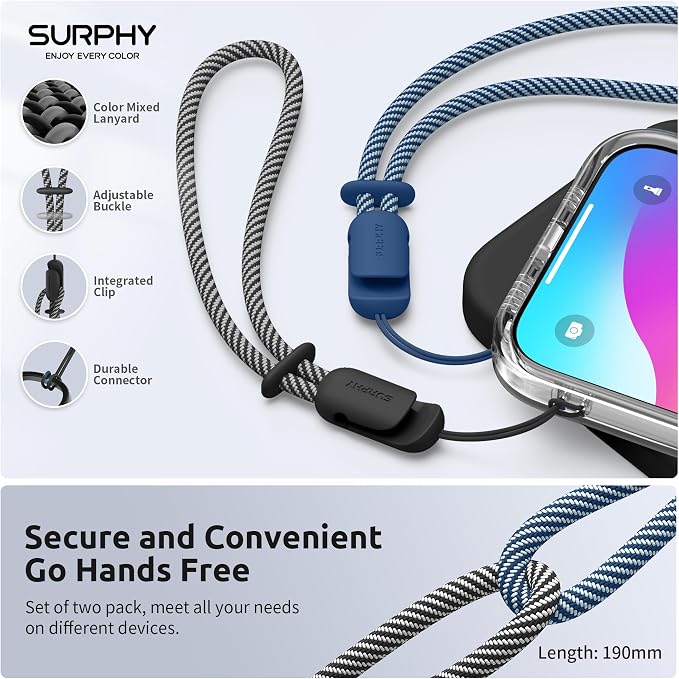 SURPHY 2 Pack Phone Lanyard, Phone Wrist Strap for Case, Camera Wrist Strap | Ultra-Light 2-Color Braided Phone Strap, Cellphone Charm Strap, Anti-Lost Wrist Lanyard for Women and Men, Black Blue Jay - Image 2