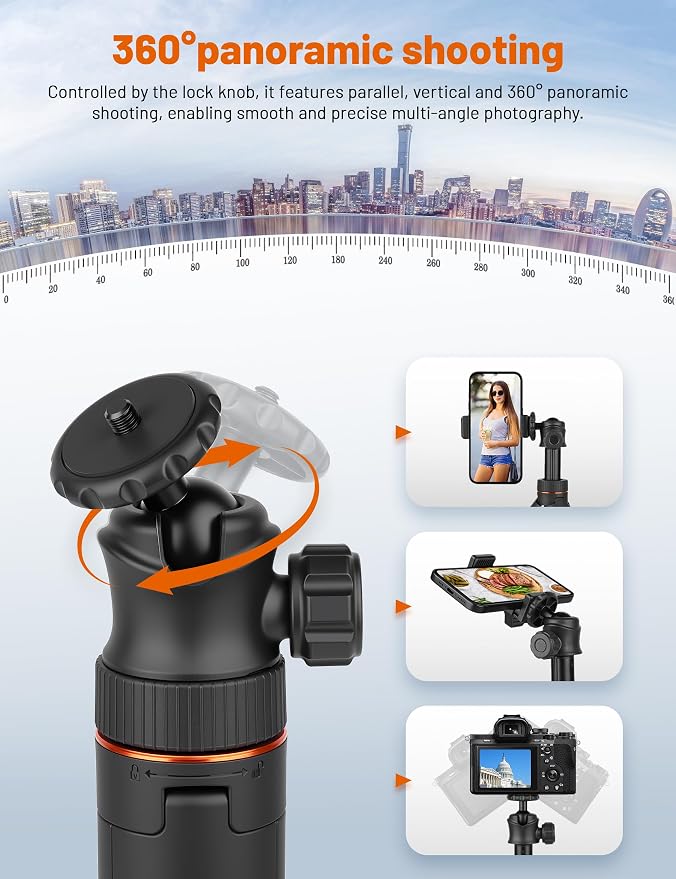 JOILCAN Tripod for iPhone & Camera, 64" Selfie Stick 360° Ball Head Remote | Extendable Portable Phone Tripod Stand for Travel Vlog Compatible with iPhone DJI Canon Sony DLSR - Image 2