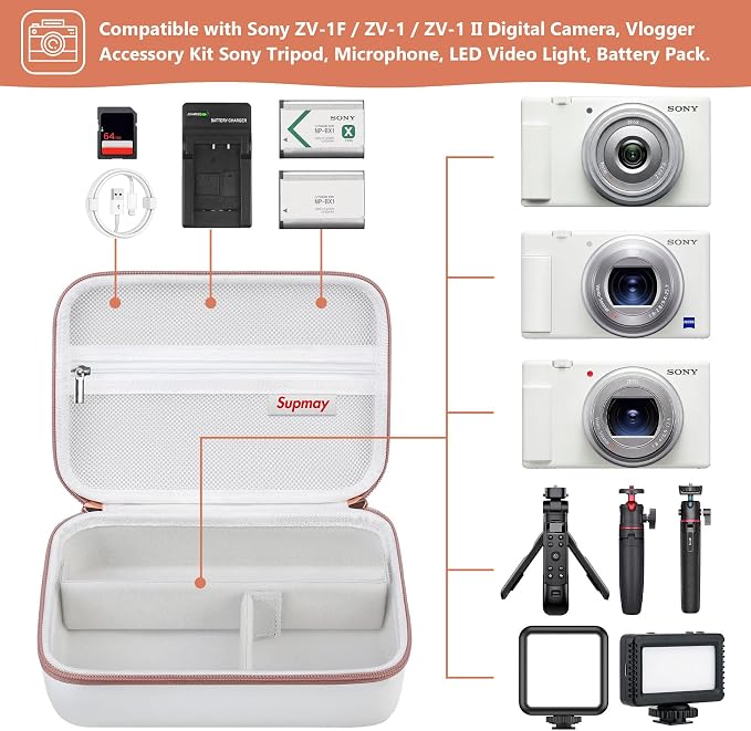 Hard Travel Case for Sony ZV-1F / ZV-1 / ZV-1 II Digital Camera, Protective Cases Bag Fits Vlogger Accessory Kit Tripod, Microphone, LED Video Light, Extra Zipper Pocket fit Battery Pack, White - Image 2