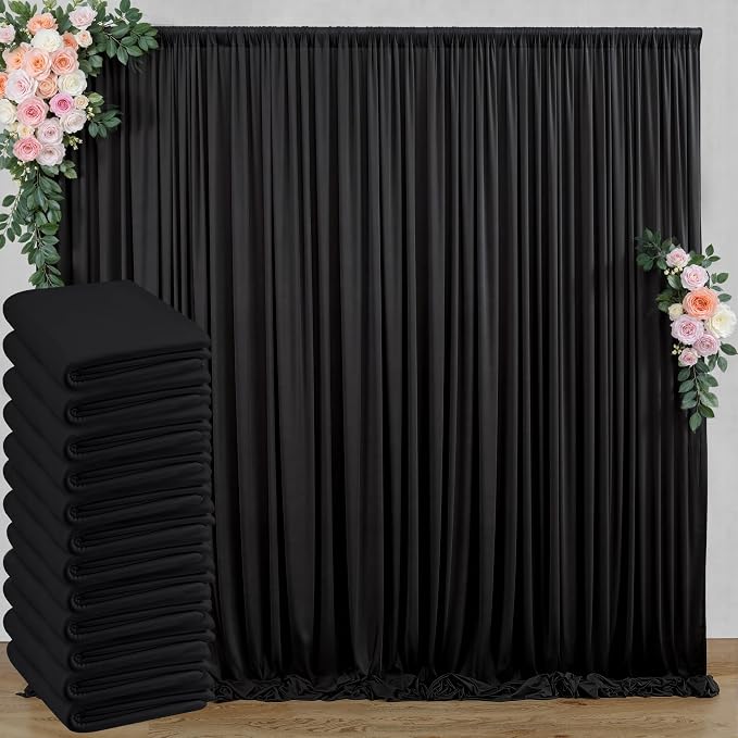 60 ft x 10 ft Wrinkle Free Black Backdrop Curtain for Parties, 12 Panels 10ft Polyester Black Photo Backdrop Drapes for Graduation Birthday Wedding Party Stage Curtains by Outpain