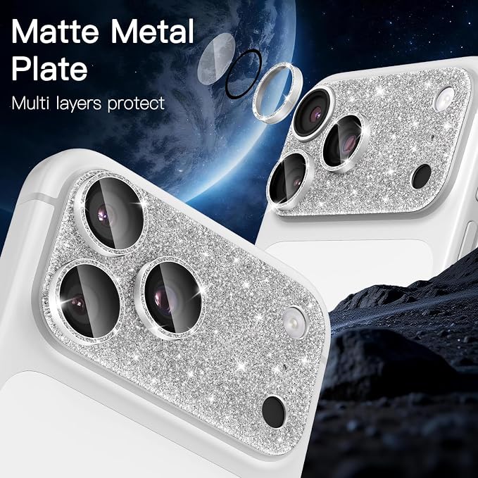[2 Pack Bling Camera Lens Screen Protector for iPhone 17 Pro with 9H Tempered Glass Aviation Aluminum Plate Cover Metal Ring,Night Circle,No Bubble,HD Clarity,Easy Installation-Glitter Silver - Image 2