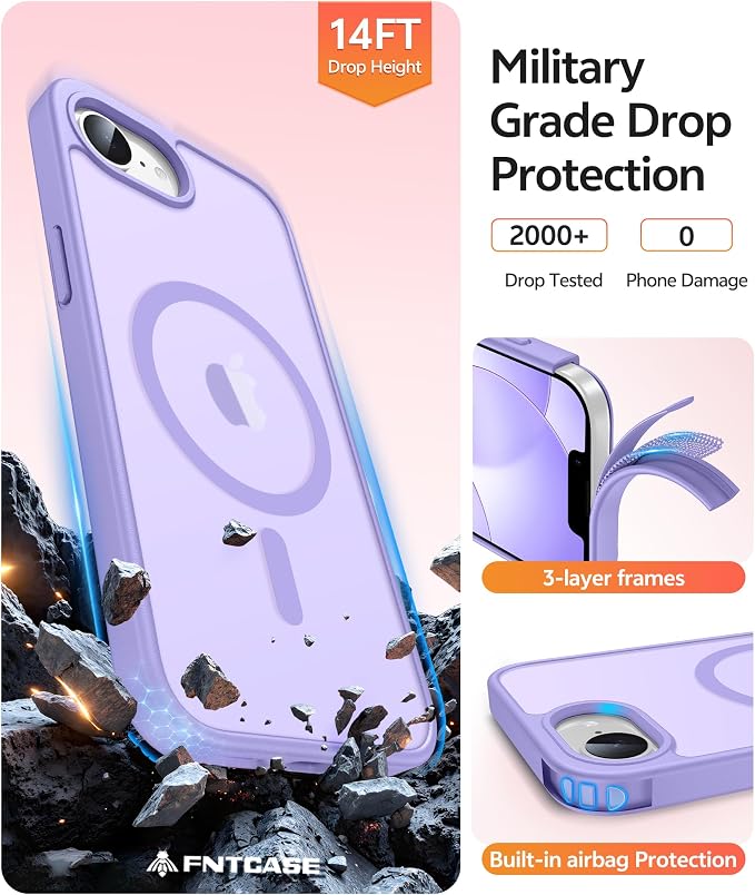 FNTCASE for iPhone 17e/ iPhone 16e Case, Fit for Magsafe, Screen Protector | Translucent Matte Magnetic Back, 14FT Military Grade Drop Protection, Shockproof Protective Phone Cover, Light Purple - Image 5