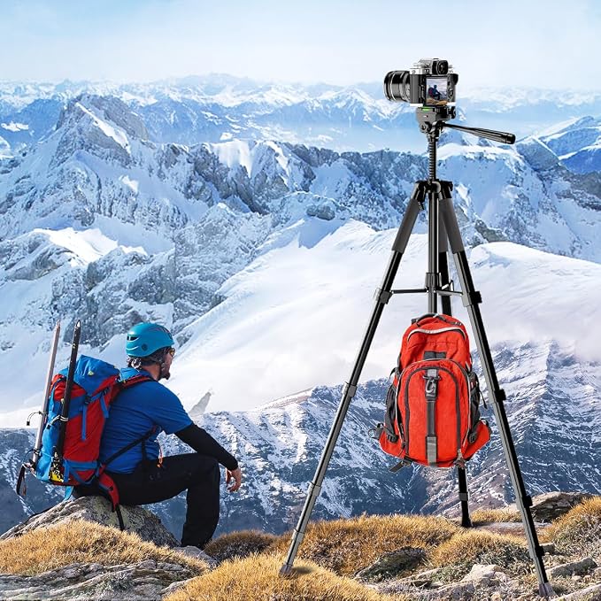 74" Camera Tripod Stand with 2 QR Plates for DSLR Sony Nikon Canon, Lightweight Video Mount for Travelling, Adjustable Phone Holder with Fluid Head and Wireless Remote (Max Load 6kg) - Image 4