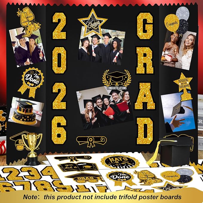 Glenmal 28 Sheets Graduation Photo Display Board Sticker Class of 2026 Black Gold Picture Display Stickers Accessories for 2026 Grad Party College Board Photo Frame Decor - Image 4