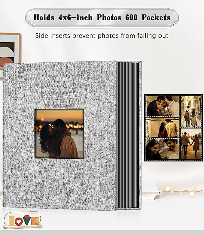 Ejblfe Photo Album 4x6,Linen Cover Slide-in Photo Album Book Can Holds 600 4x6 Photos with 60 Black Sheets for Family,Wedding,Baby and Holiday Pictures (Gray) - Image 3