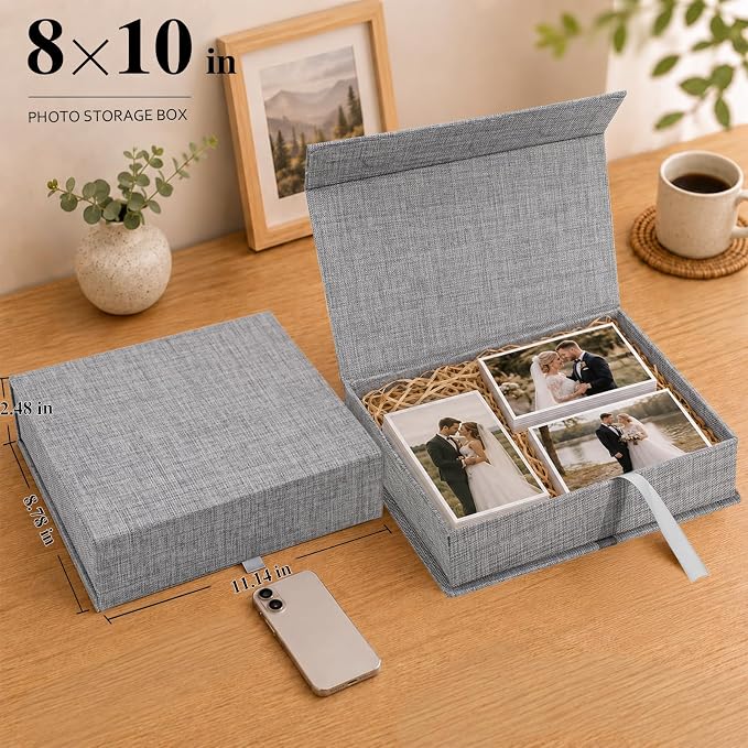 Vienrose Linen Photo Storage Box, 8"x10", Postcard Keeper, Gray | 1Pc Sturdy Linen Cover Box for Photos, Postcards & Decorative Paper Storage, Perfect for Home, Office, Craft Room, and Travel - Image 2
